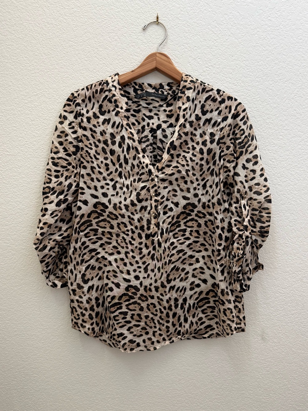Zara Leopard Print V-Neck Women's Blouse - Beige Black